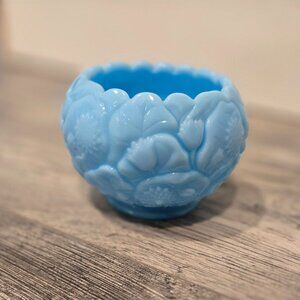 Vintage Fenton Waterlily Bowl Blue Satin Milkglass Art Glass  3D floral pattern